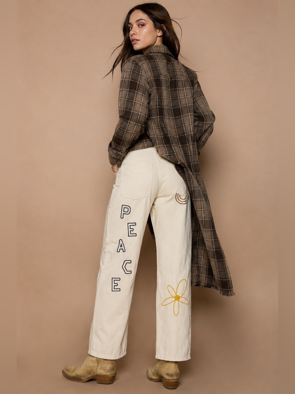 New POL SAMPLE Women's Cream Hippy Flower Peace Embroidered Jeans Size Small
